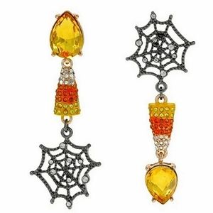 New! BETSEY JOHNSON Glampire Crystal Candy Corn Spiderweb Web Mismatch Earrings.